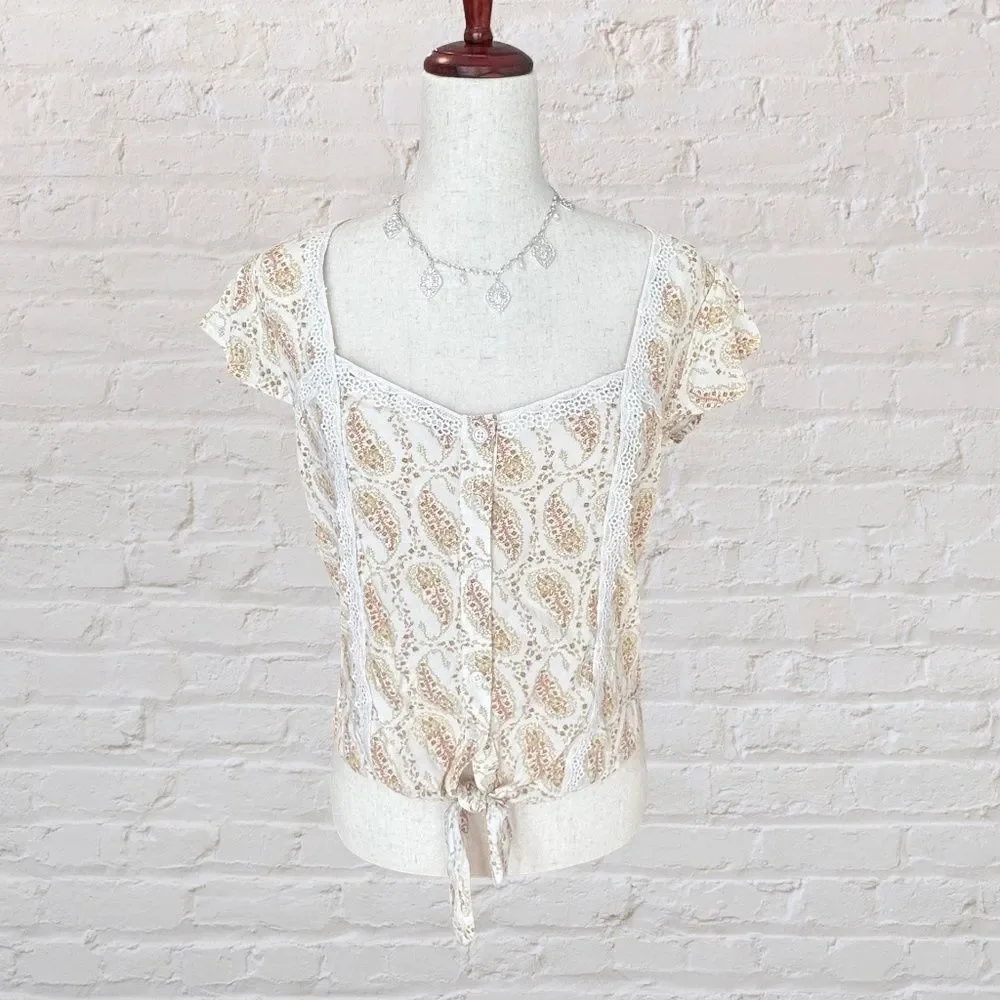 NWT Self Esteem Short Sleeve Tie-Front Top Petal Sleeve Cream/Tan Small